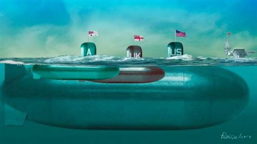 Minh họa thỏa thuận chế tạo tàu ngầm giữa 3 nước Úc, Mỹ và Anh. Ảnh: James Ferguson