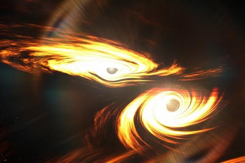 Hình ảnh mô phỏng quá trình hợp nhất giữa hai hố đen gần 7 tỷ năm trước để tạo ra GW190521. Ảnh: Mark Myers.
